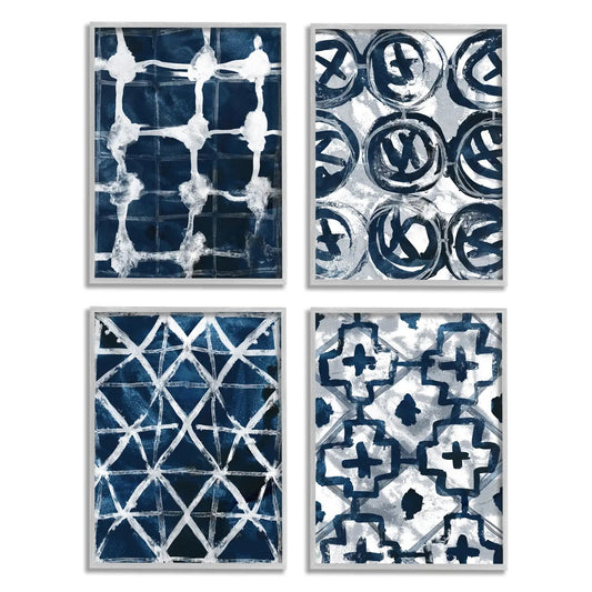 Abstract Geometric Patterns Blue Painting 4pc Gray Framed - Mindful Living Home