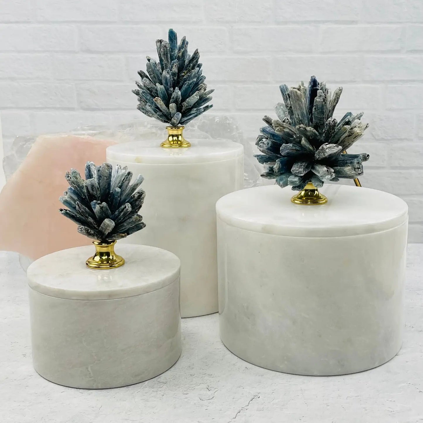 Blue Kyanite Pinecone On Round Marble Box - Mindful Living Home