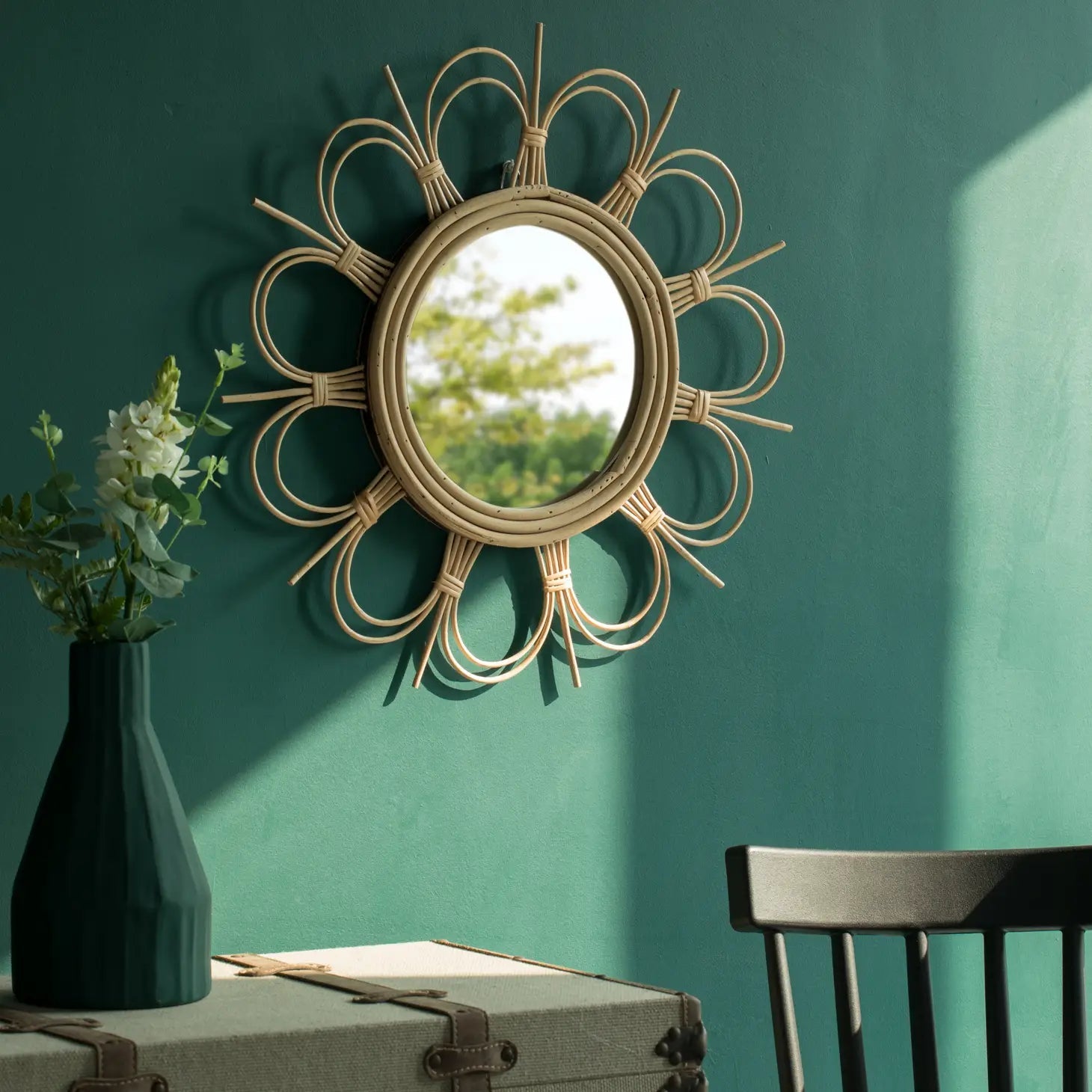 Flower Decorative Shape Natural Rattan Wood Round Mirror - Mindful Living Home