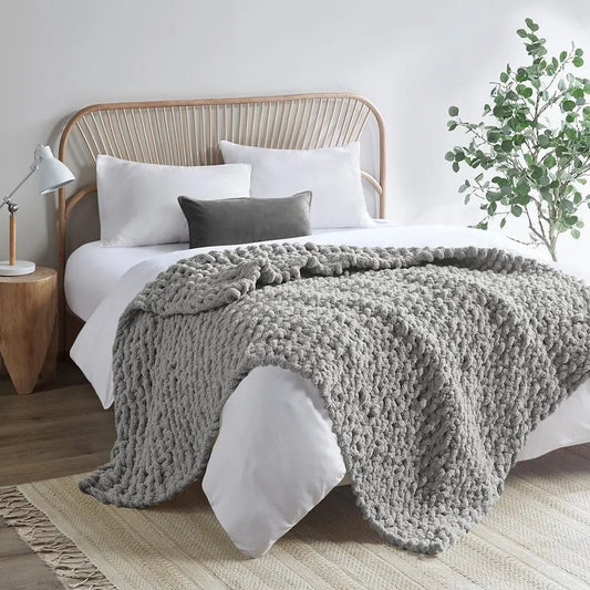 Handmade Chenille Chunky Knit Throw, Grey - Mindful Living Home