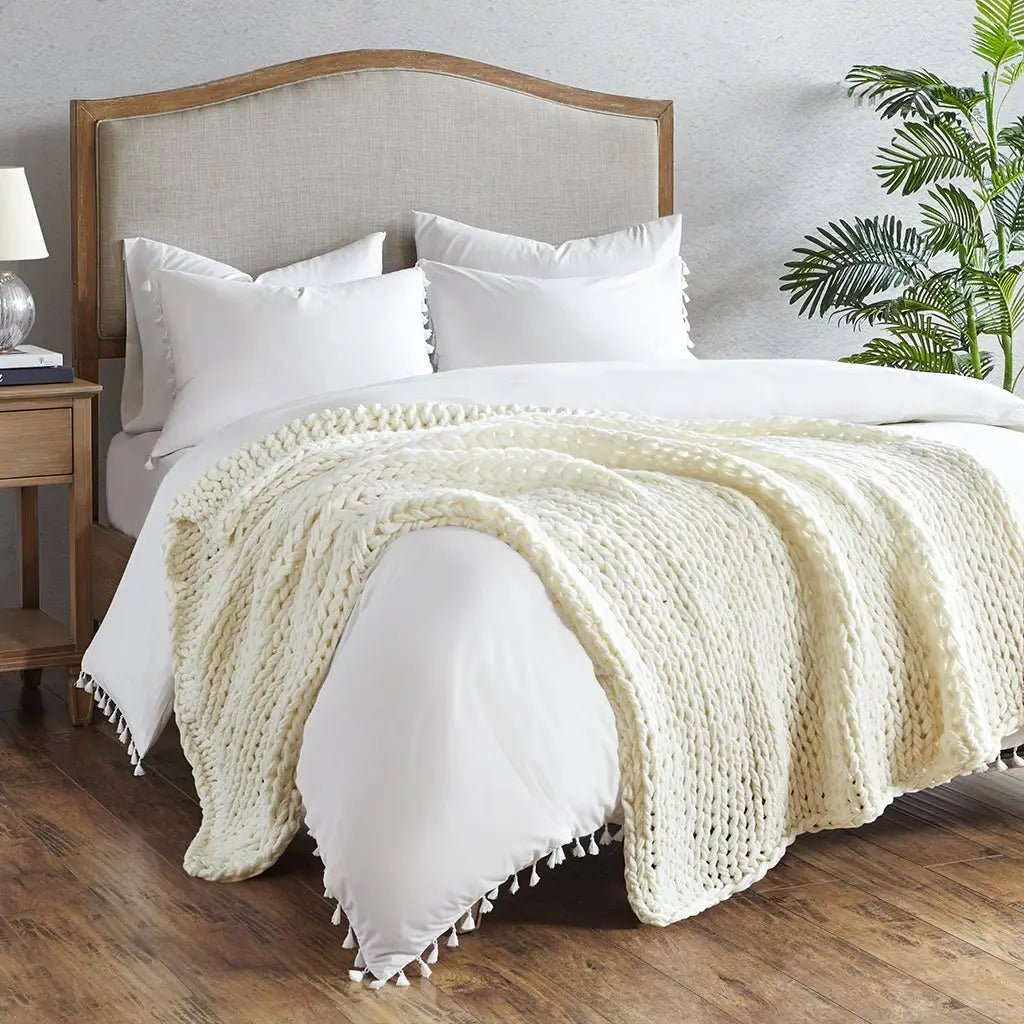 Handmade Chunky Double Knit Throw Blanket, Ivory - Mindful Living Home