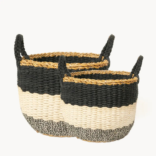 Handwoven Wicker Storage L Ula Stripe Basket-Black-Set of 2 - Mindful Living Home