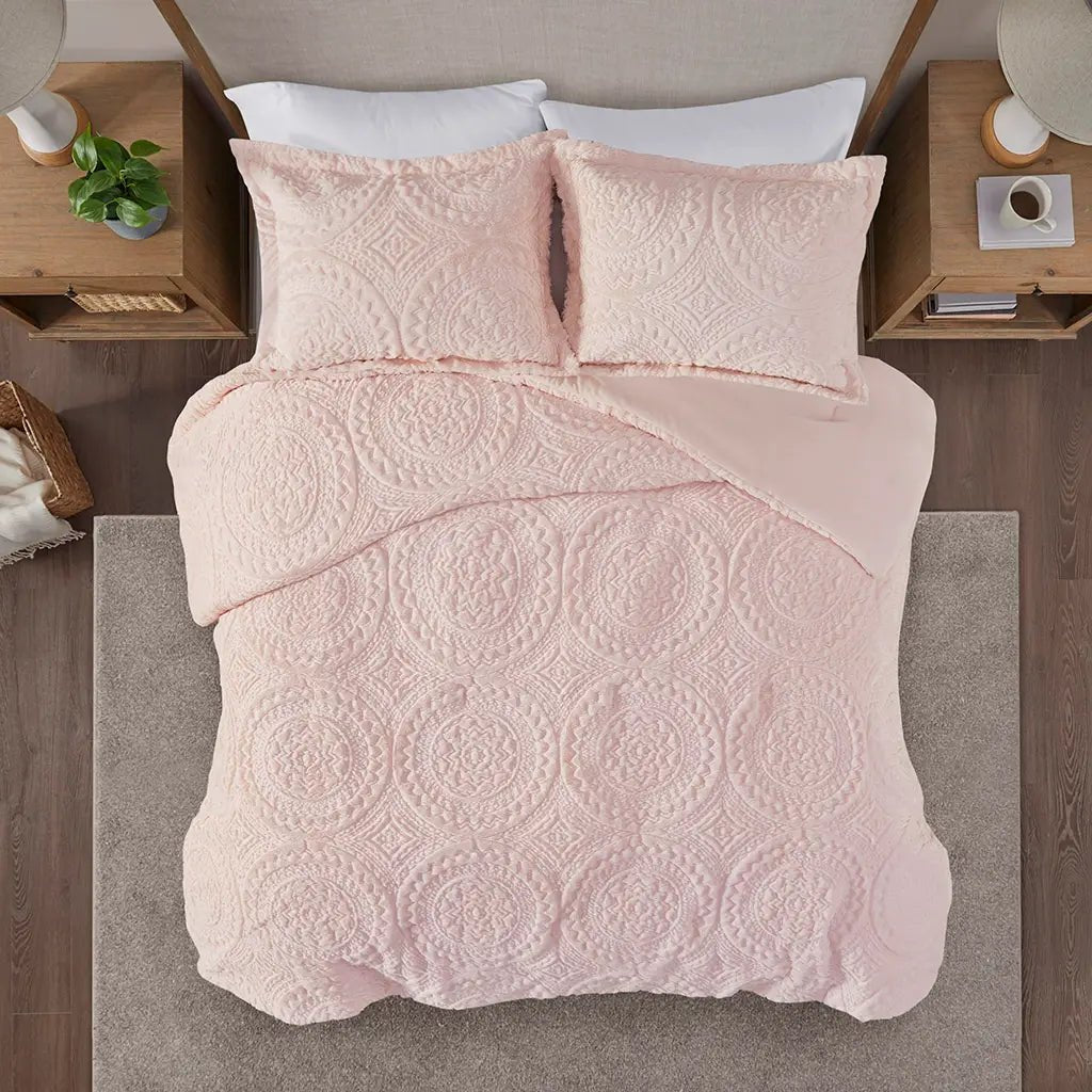 Medallion Faux Fur Plush Comforter Mini Set, Pink - Mindful Living Home