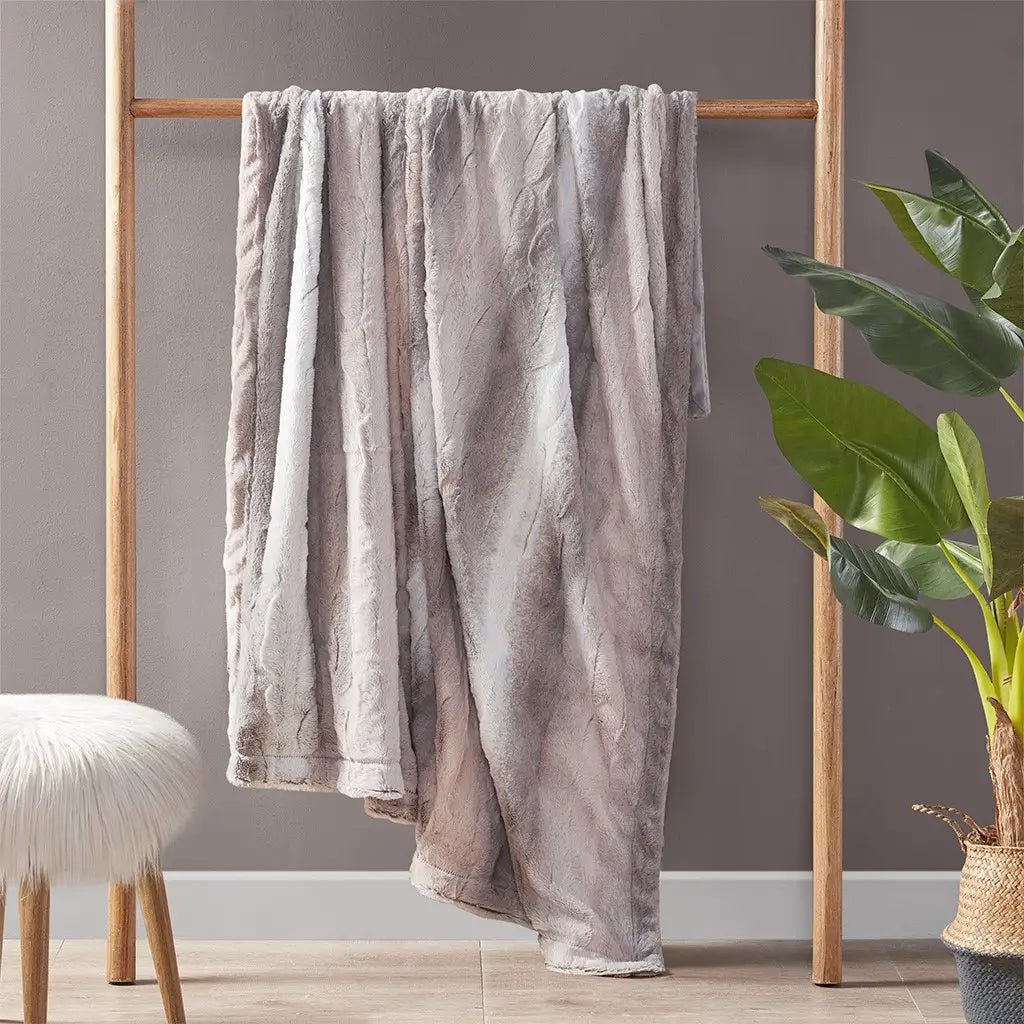 Oversized 60x70" Faux Fur Throw Blanket, Ombre Blush/Grey - Mindful Living Home