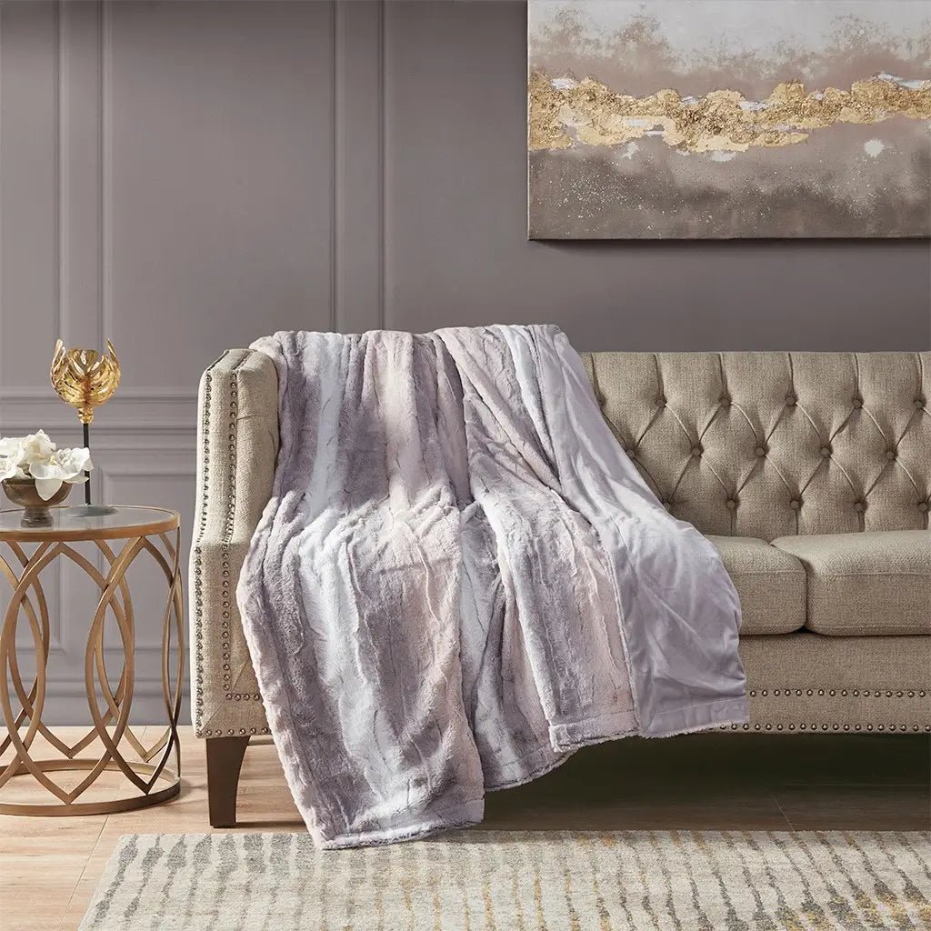 Oversized 60x70" Faux Fur Throw Blanket, Ombre Blush/Grey - Mindful Living Home