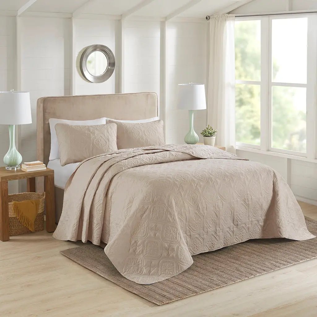 Quilted Medallion Oversized 3-Piece Bedspread Set, Khaki - Mindful Living Home