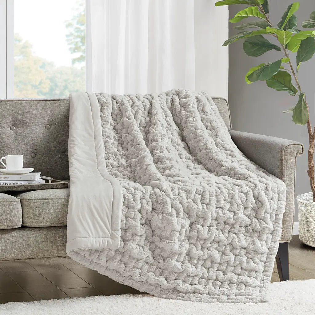 Ruched Fur Throw 50x60", Silver Grey - Mindful Living Home