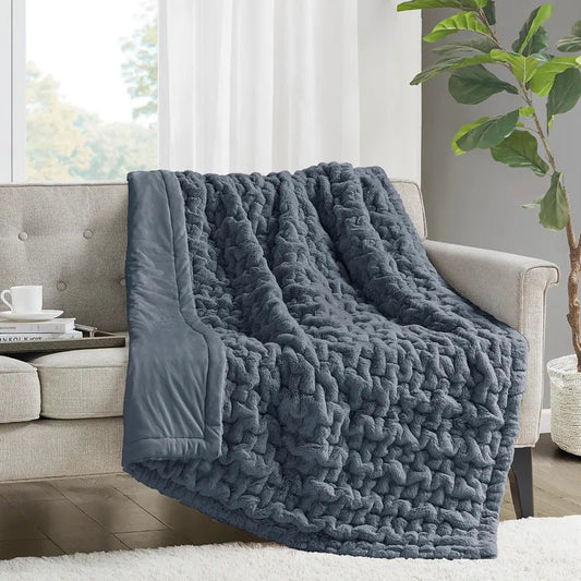 Ruched Fur Throw, Slate Blue - Mindful Living Home