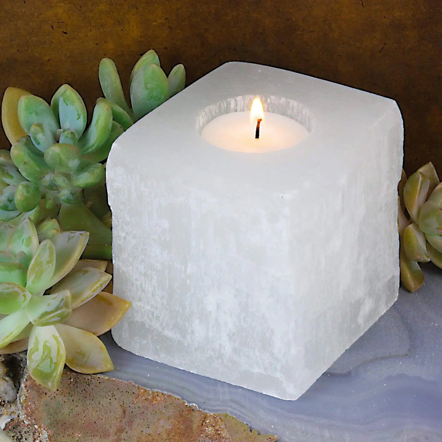 Square Shaped Selenite Candle Holder - Mindful Living Home