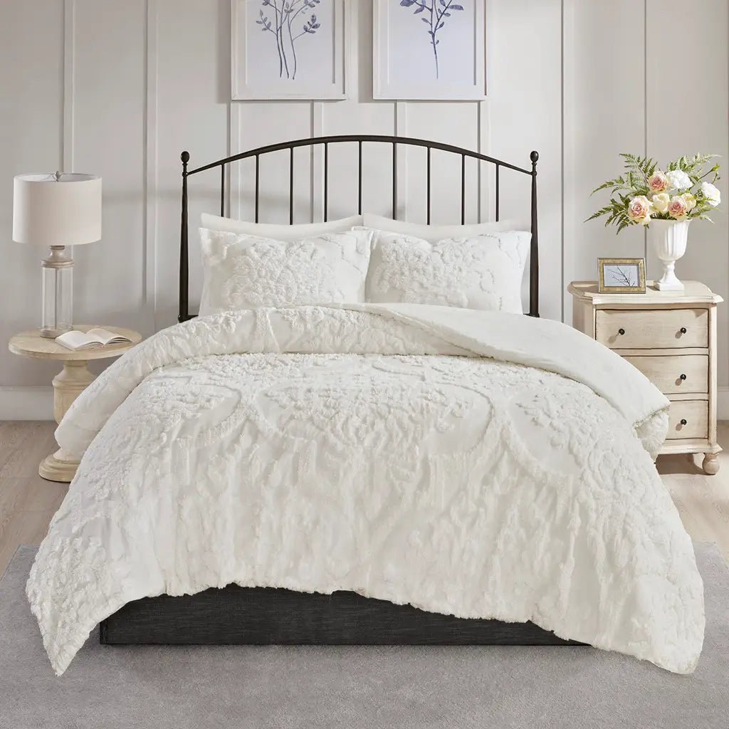Tufted Chenille Damask Comforter/Duvet Cover Mini Set, White - Mindful Living Home