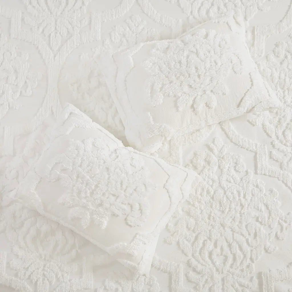 Tufted Chenille Damask Duvet Cover Mini Set, White - Mindful Living Home