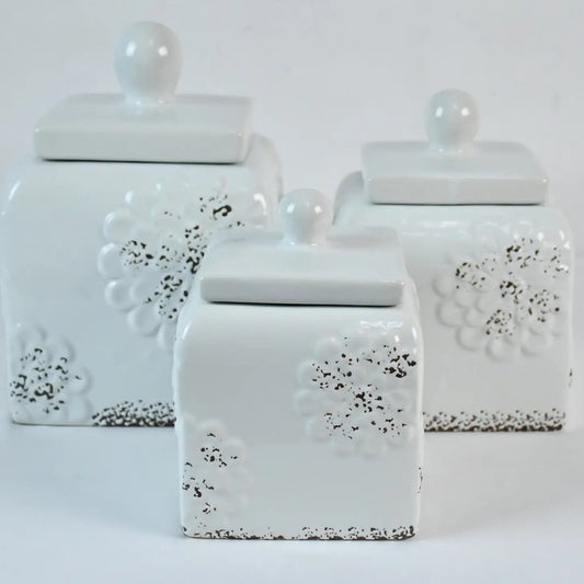 White Rustic Floral Canister Set - Mindful Living Home